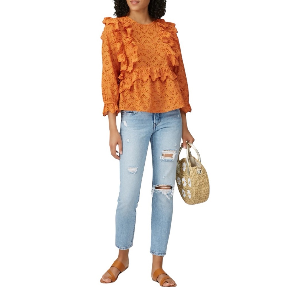 The GREAT. Eyelet Ruffle Blouse Top Orange 3/4 Sleeve Bohemian‎ Boho Chic Size L